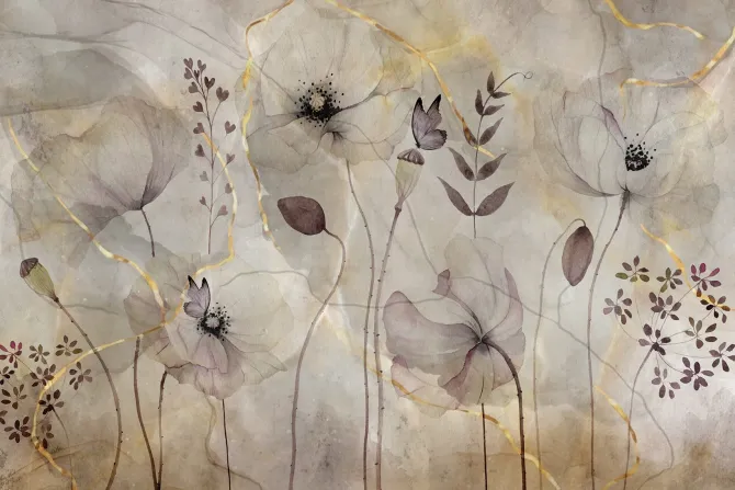 Fototapeta: Delikatne polne maki ze złotym zdobieniem