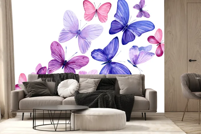 Fototapeta: Delikatny wzór z motylami w stylu akwareli na jasnym tle