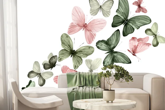 Fototapeta: Delikatny wzór z motylami w stylu akwareli na jasnym tle