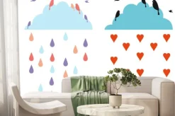 Fototapeta: Deszcz i chmury na niebie z ptakami, wektor