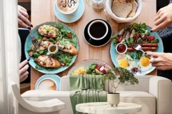 Fototapeta: Different colorful meals for breakfast or lunch time on a plate