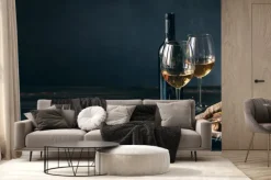 Fototapeta: Dinner concept for two. two glasses of white wine, baked fish.