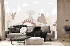 Fototapeta: Dinozaury i góry w pastelowych kolorach