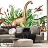 Fototapeta: Dinozaury i prehistoryczne rośliny w stylu akwareli