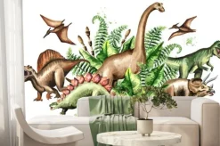 Fototapeta: Dinozaury i prehistoryczne rośliny w stylu akwareli