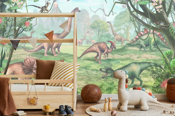 Fototapeta: Dinozaury w tropikach z wulkanami