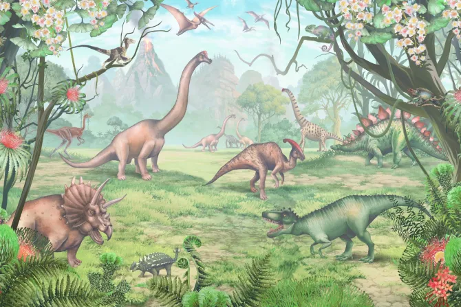 Fototapeta: Dinozaury w tropikach z wulkanami