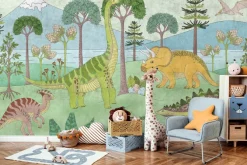 Fototapeta: Dinozaury wśród drzew na tle górskiego krajobrazu