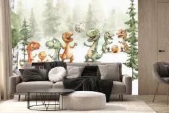 Fototapeta: Dinozaury z piłką w akwarelowym lesie