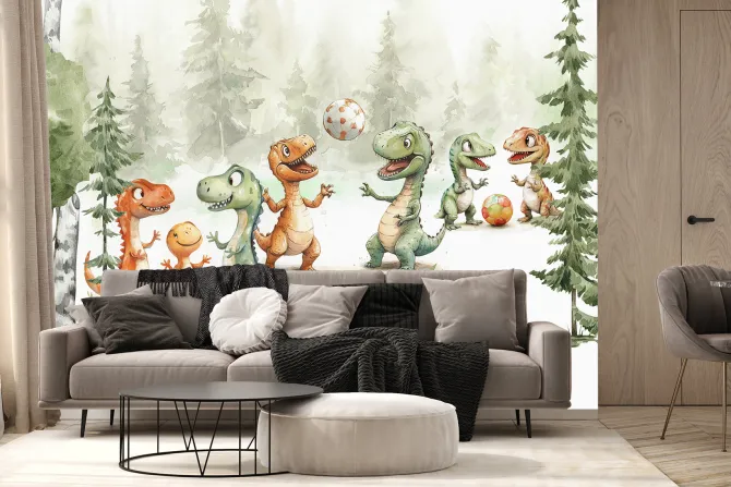 Fototapeta: Dinozaury z piłką w akwarelowym lesie