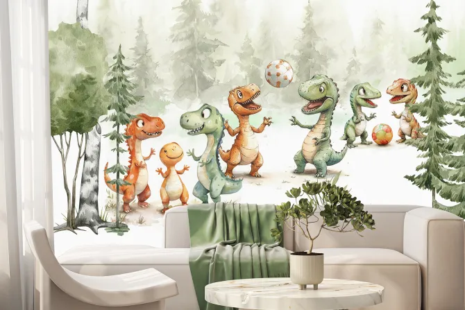 Fototapeta: Dinozaury z piłką w akwarelowym lesie