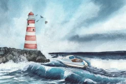 Fototapeta: Łódka na dużych falach z latarnią morską