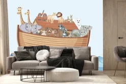 Fototapeta: Łódka pełna zwierząt bujająca na falach