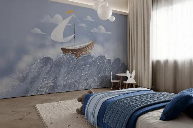 Fototapeta: Łódka z żaglem na falistym morzu