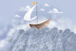 Fototapeta: Łódka z żaglem na falistym morzu