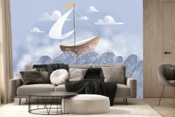 Fototapeta: Łódka z żaglem na falistym morzu