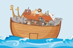 Fototapeta: Łódka ze zwierzętami na morskich falach