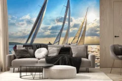 Fototapeta: Łódki na morzu o zachodzie słońca