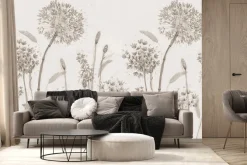 Fototapeta: Dmuchawce i delikatne rośliny polne beżowa grafika w stylu minimalistycznym