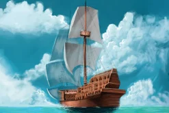 Fototapeta: Drewniany statek z białymi żaglami na morzu