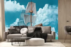 Fototapeta: Drewniany statek z białymi żaglami na morzu