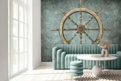 Fototapeta: Drewniany ster statku na betonowym tle