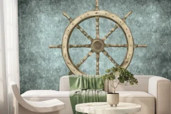 Fototapeta: Drewniany ster statku na betonowym tle