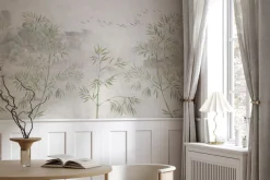 Fototapeta: Drzewa bambusowe z lecącymi ptakami na teksturowanym tle