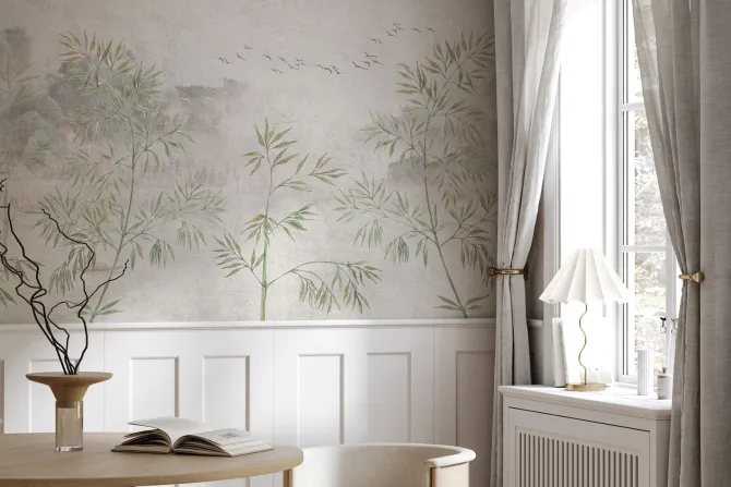 Fototapeta: Drzewa bambusowe z lecącymi ptakami na teksturowanym tle