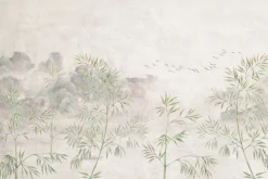 Fototapeta: Drzewa bambusowe z lecącymi ptakami na teksturowanym tle