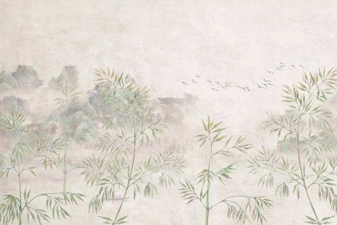 Fototapeta: Drzewa bambusowe z lecącymi ptakami na teksturowanym tle