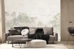 Fototapeta: Drzewa bambusowe z lecącymi ptakami na teksturowanym tle