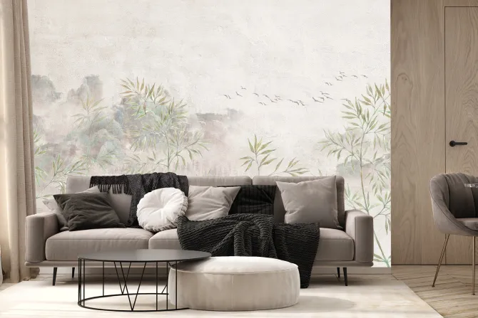 Fototapeta: Drzewa bambusowe z lecącymi ptakami na teksturowanym tle