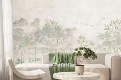 Fototapeta: Drzewa bambusowe z lecącymi ptakami na teksturowanym tle