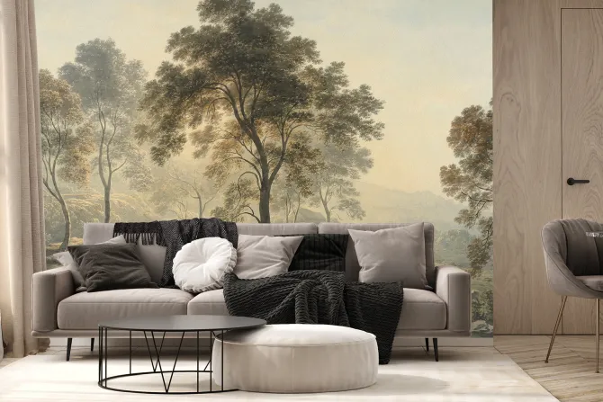 Fototapeta: Drzewa liściaste wśród rzeki i zwierząt