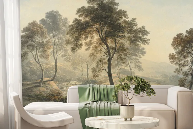 Fototapeta: Drzewa liściaste wśród rzeki i zwierząt