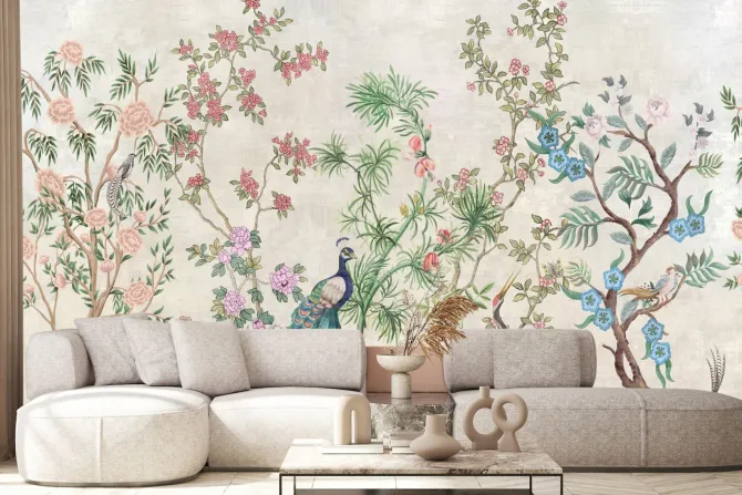 Fototapeta: Drzewa z kwiatami wśród ptaków