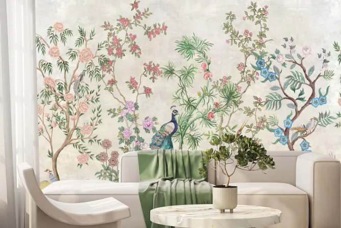 Fototapeta: Drzewa z kwiatami wśród ptaków