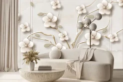Fototapeta: Drzewo 3d z białymi kwiatami na tle marmuru