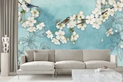 Fototapeta: Drzewo wiśni na tle rysowanych kwiatów