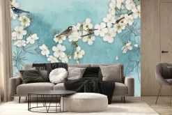 Fototapeta: Drzewo wiśni na tle rysowanych kwiatów