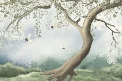 Fototapeta: Drzewo wiśni na łące z bocianami