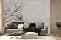 Fototapeta: Drzewo wiśni z ptakami na betonowej ścianie