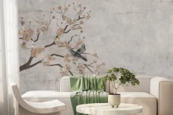 Fototapeta: Drzewo wiśni z ptakami na betonowej ścianie