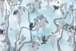 Fototapeta: Drzewo z kwiatami i ptakami na tle nieba