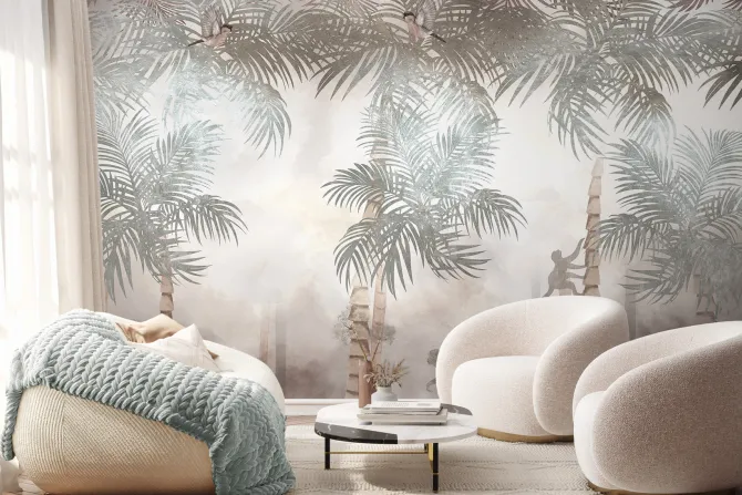 Fototapeta: Dżungla z egzotycznymi palmami i małpami