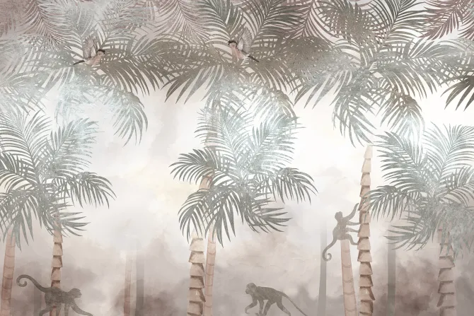 Fototapeta: Dżungla z egzotycznymi palmami i małpami