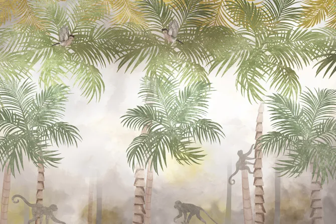 Fototapeta: Dżungla z egzotycznymi palmami i małpami