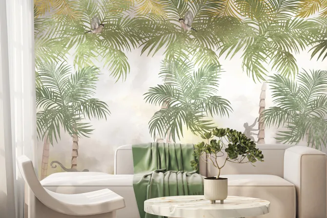 Fototapeta: Dżungla z egzotycznymi palmami i małpami