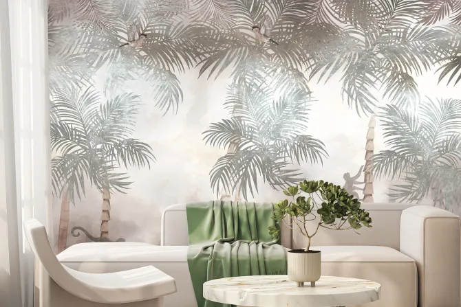 Fototapeta: Dżungla z egzotycznymi palmami i małpami